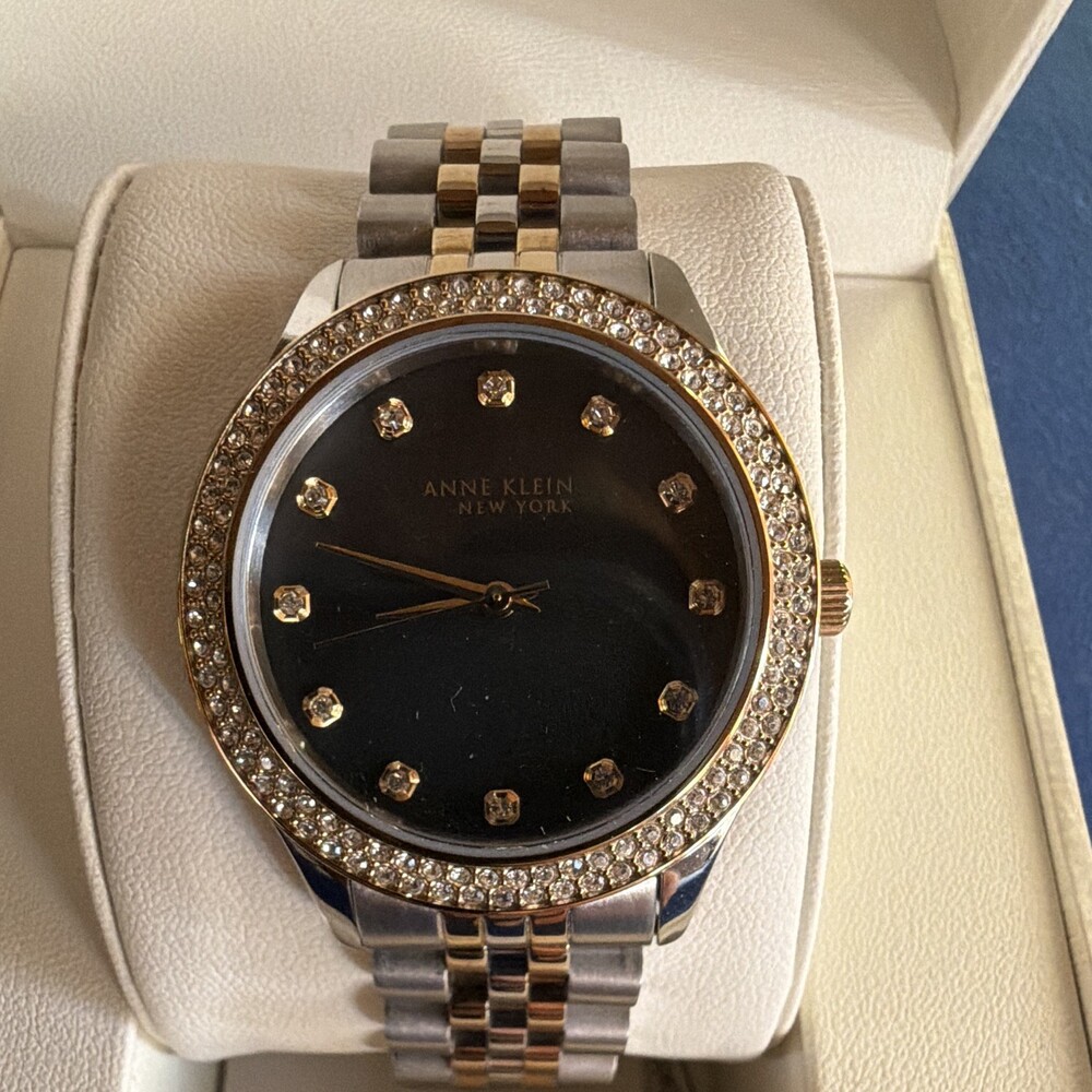 Anne Klein New York Women's Quartz Two-Tone Bracelet Black Dial Crystal Bezel